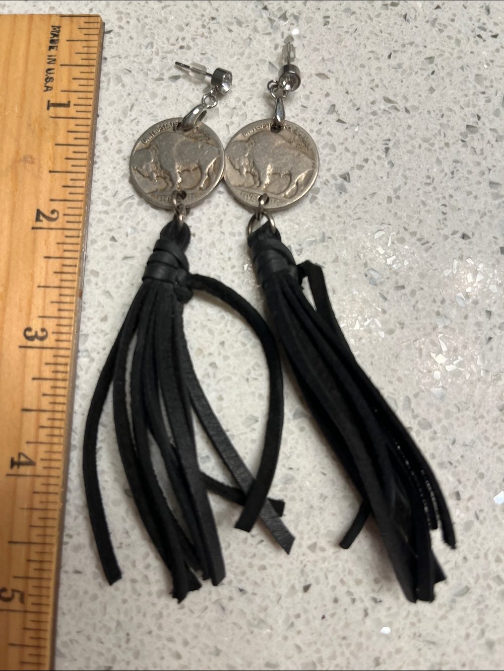 Black Tassel Buffalo Nickel Dangle Earrings